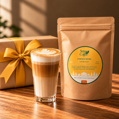 Coffret cadeau, latte et paquet de café en grains Essence Noire Sense Coffee