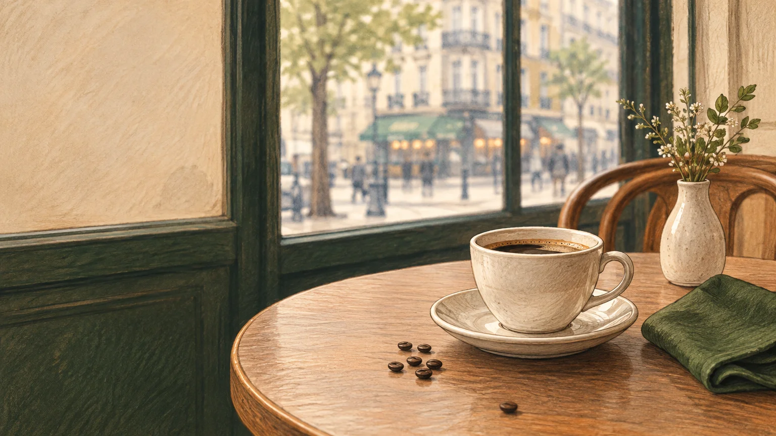 Tasse de café filtre posée près d’une fenêtre dans un café parisien