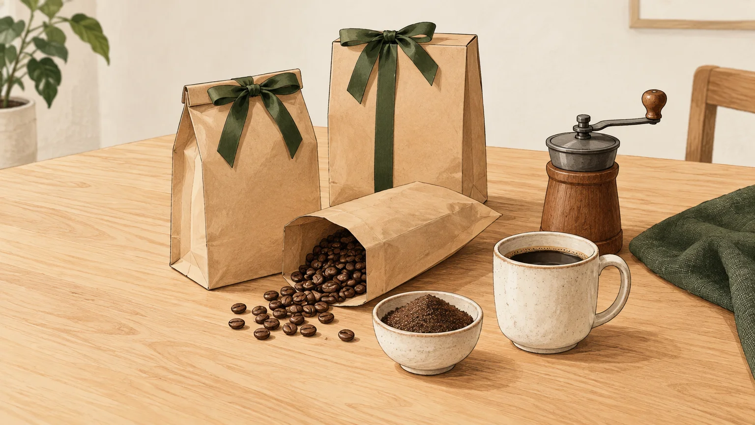 Coffrets de café en grains et moulu présentés sur une table pour une dégustation au Luxembourg