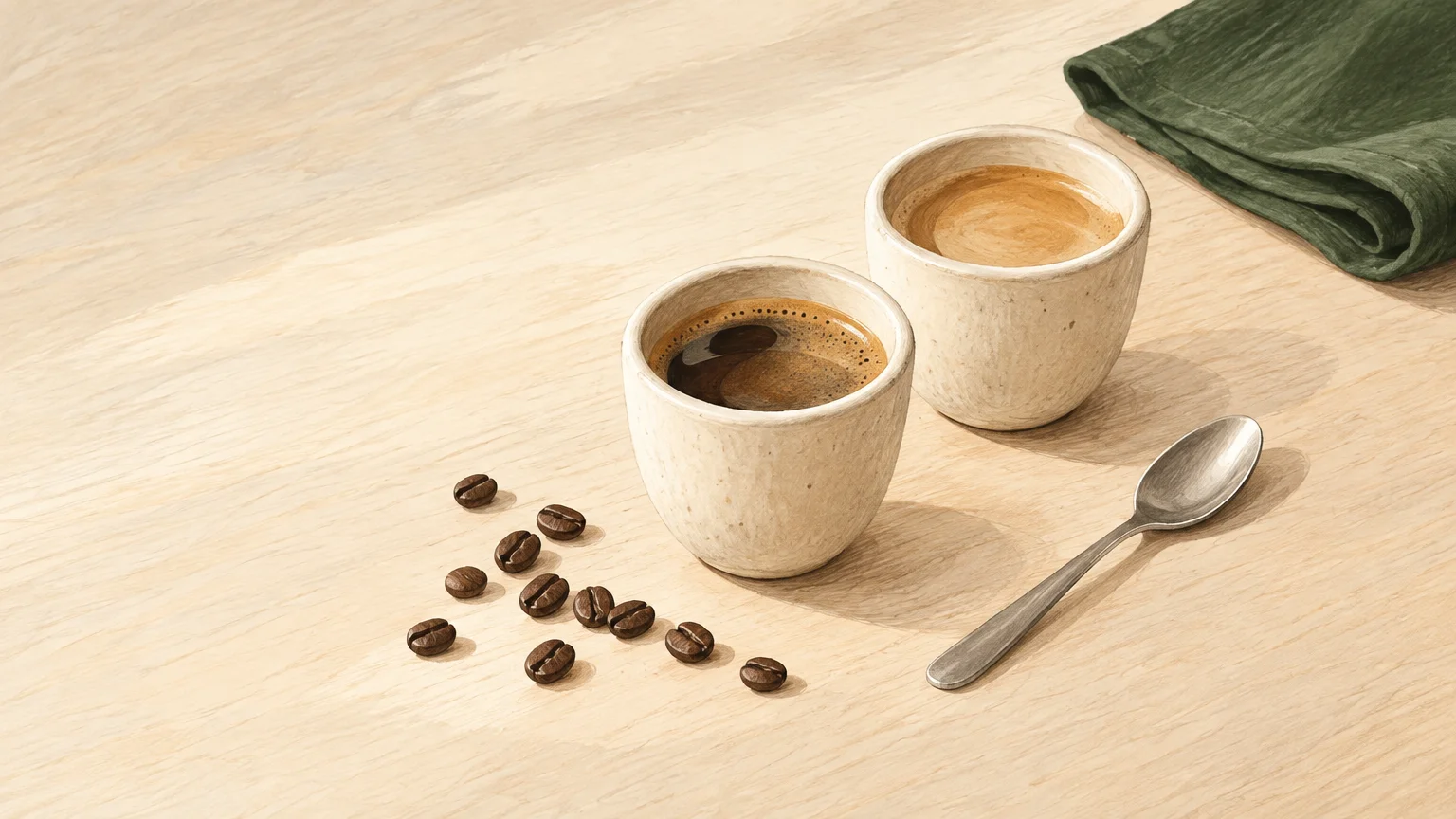 Grains de café torréfiés et deux tasses sur une table claire