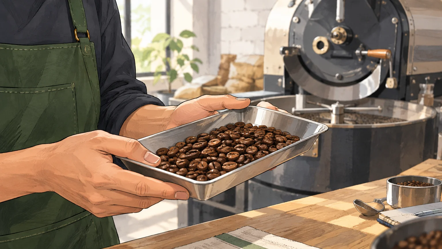 Mains examinant des grains de café dans un atelier de torréfaction