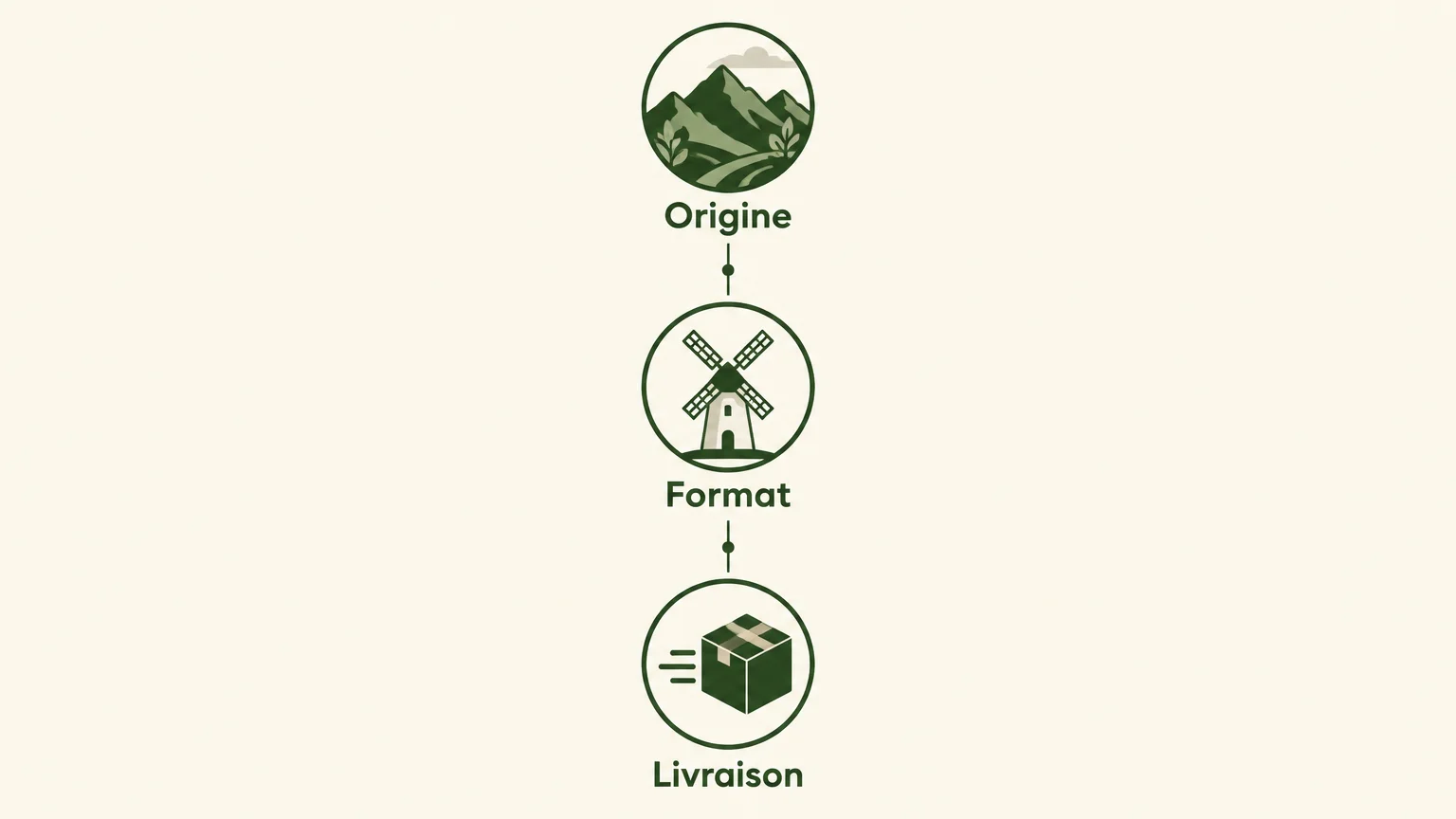 Infographie en trois critères : origine, format et livraison