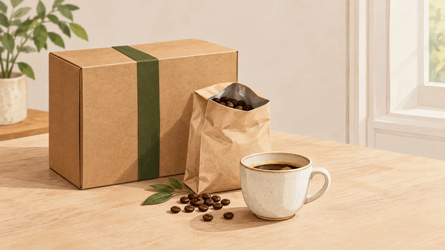 Coffret cadeau de café en grains présenté sur une table claire