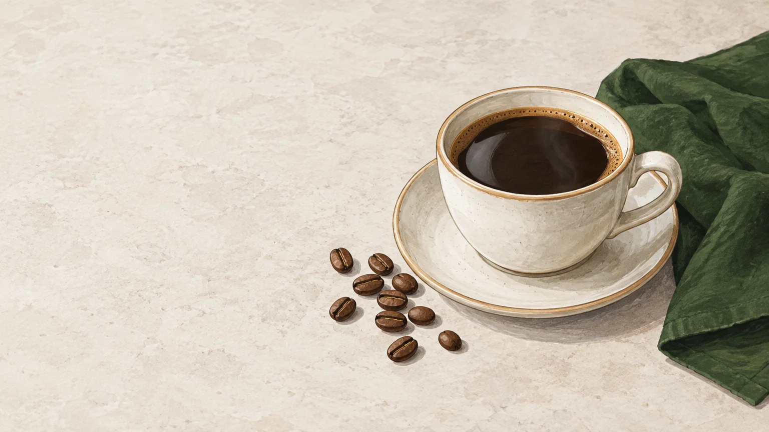 Tasse de café noir et grains de café sur une surface claire avec un linge vert