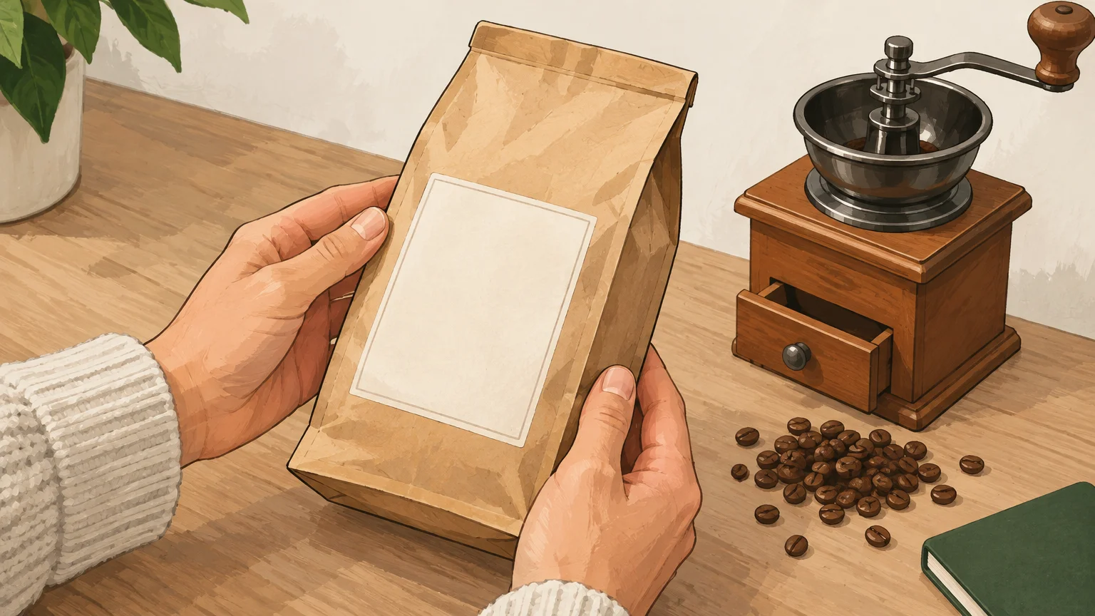 Mains examinant un paquet de café neutre près de grains et d’un moulin