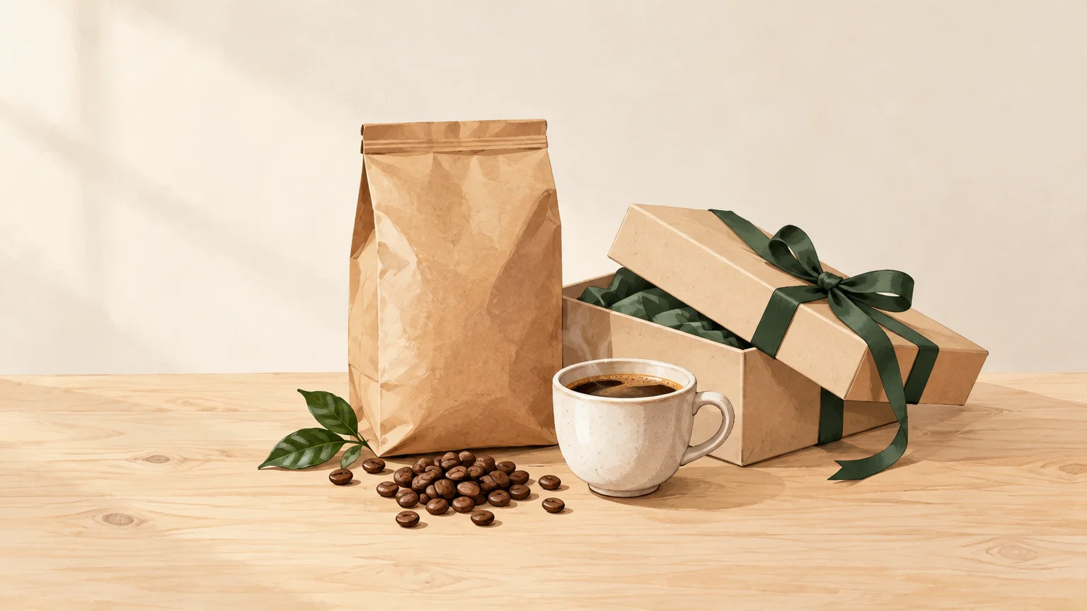 Coffret de café en grains avec sachet, grains et tasse