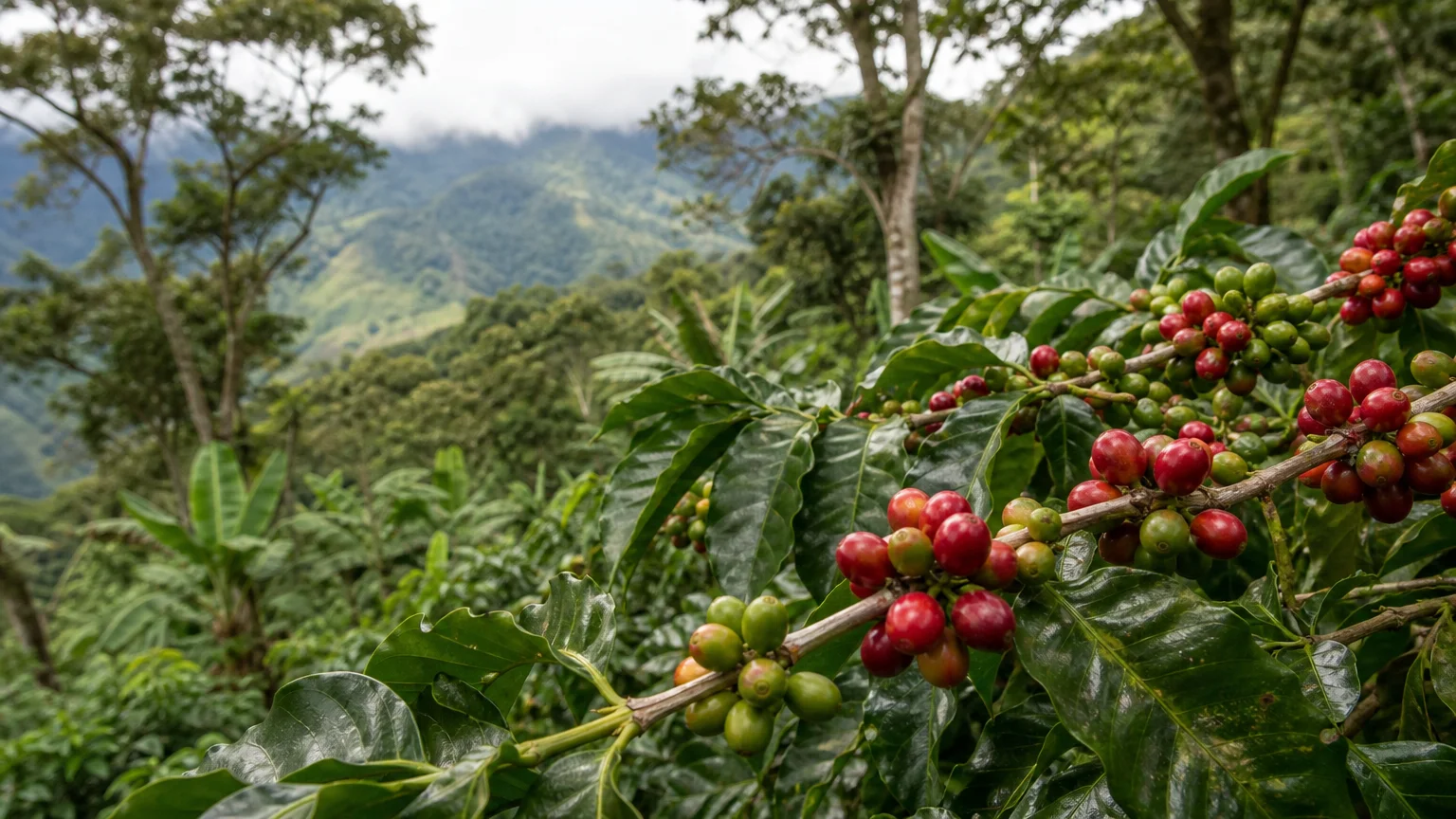 Cerises de café sur un caféier entouré de végétation d’ombrage