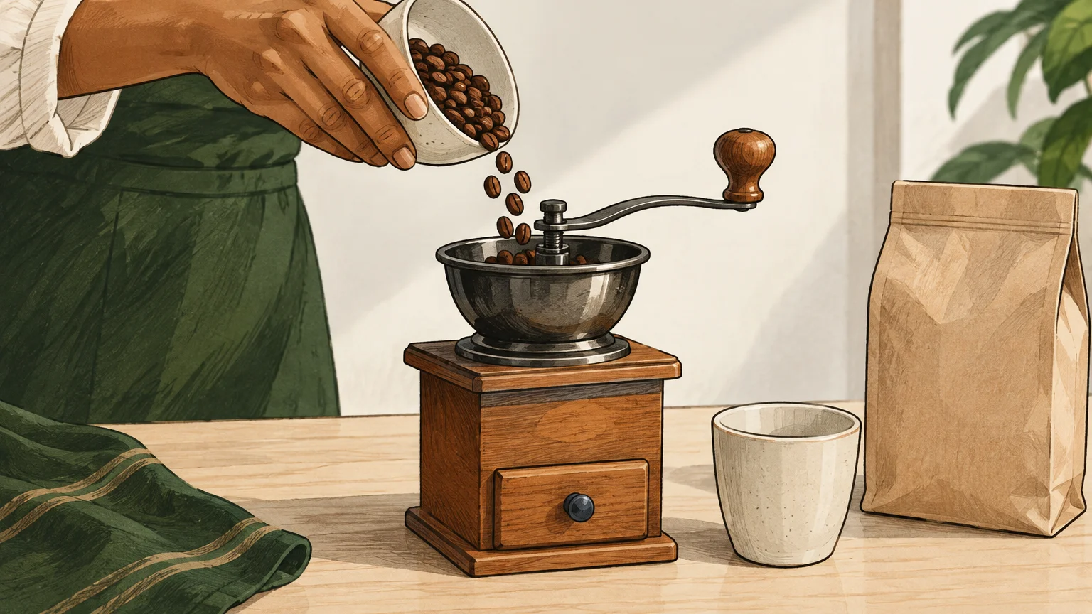 Une main verse des grains de café dans un moulin manuel