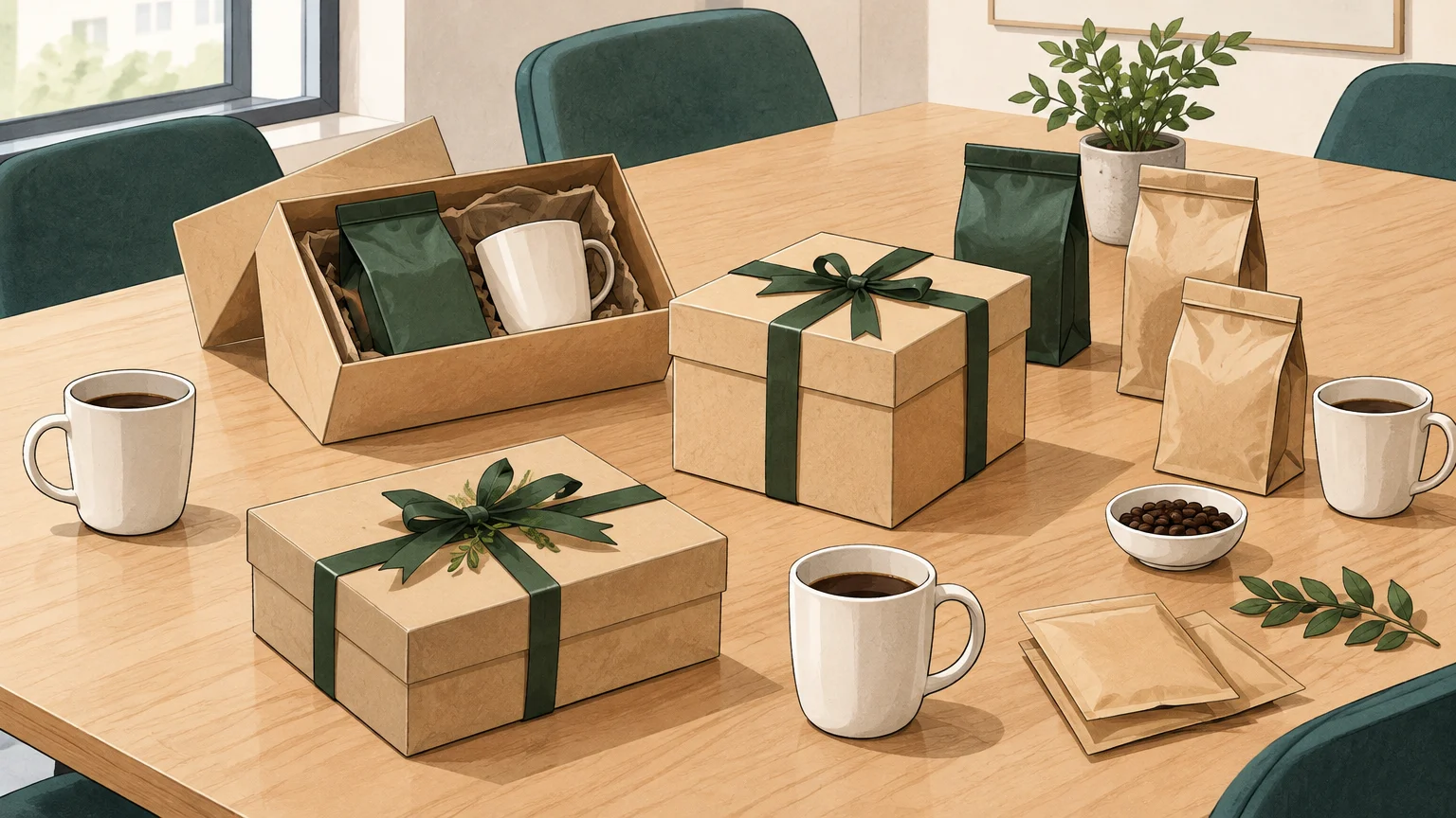 Coffrets cadeaux de café disposés sur une table de réunion
