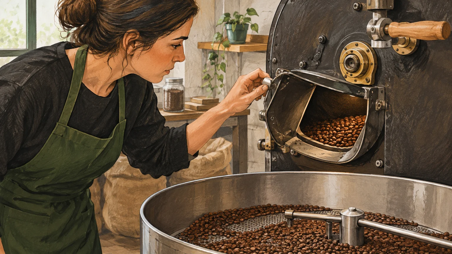 Une personne surveille des grains dans une machine de torréfaction
