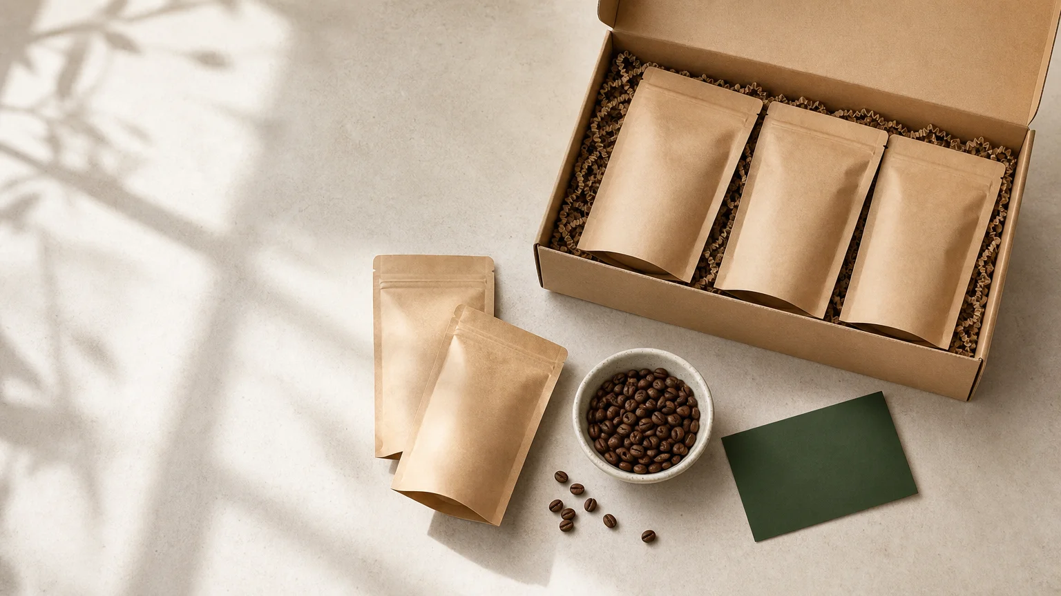 Assortiment de café en grains présenté dans une boîte cadeau ouverte