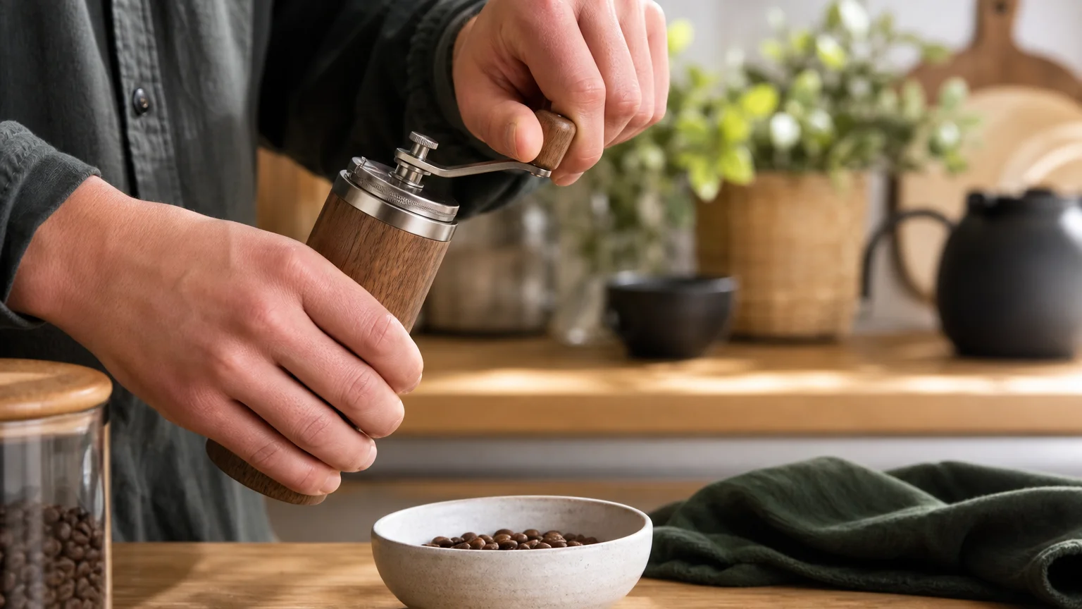 Mains réglant un moulin à café manuel au-dessus de grains