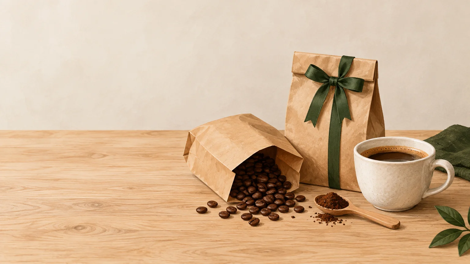 Coffret cadeau de café avec sachets en grains et moulu sur une table claire
