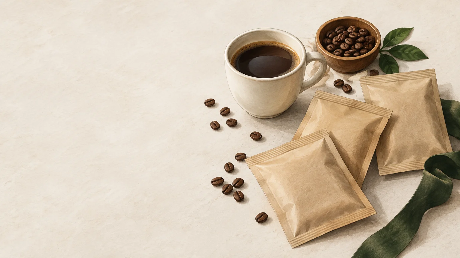 Présentation sobre de sachets de café et de grains pour un cadeau