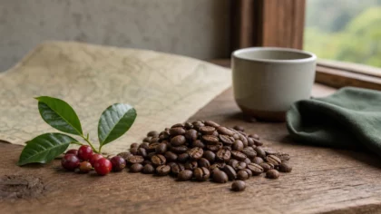 Grains et cerises de café dans une composition évoquant une origine de montagne