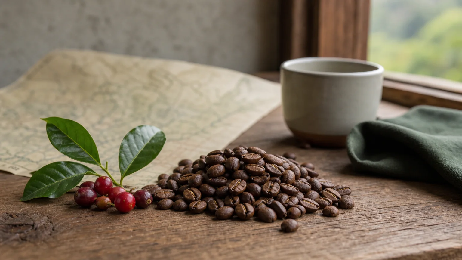 Grains et cerises de café dans une composition évoquant une origine de montagne