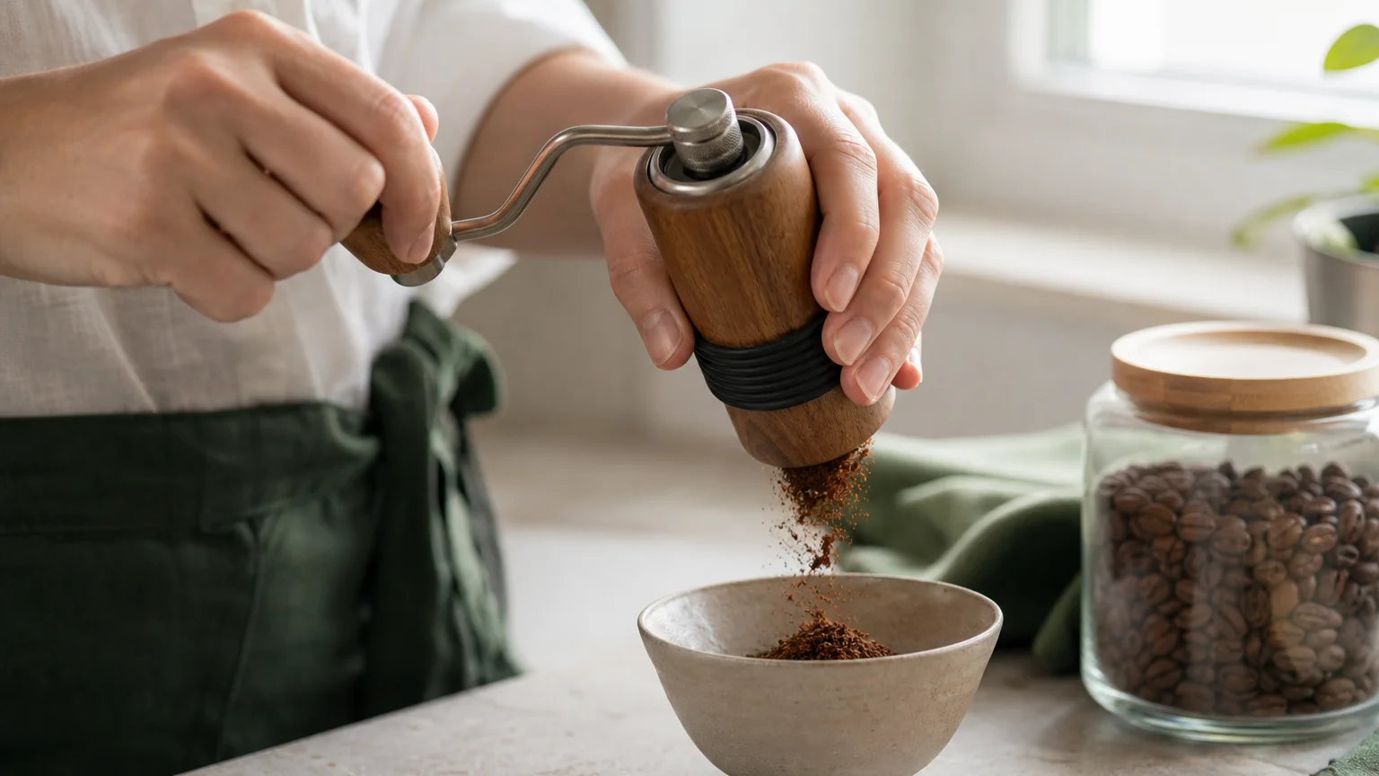 Des grains de café fraîchement moulus dans une cuisine lumineuse
