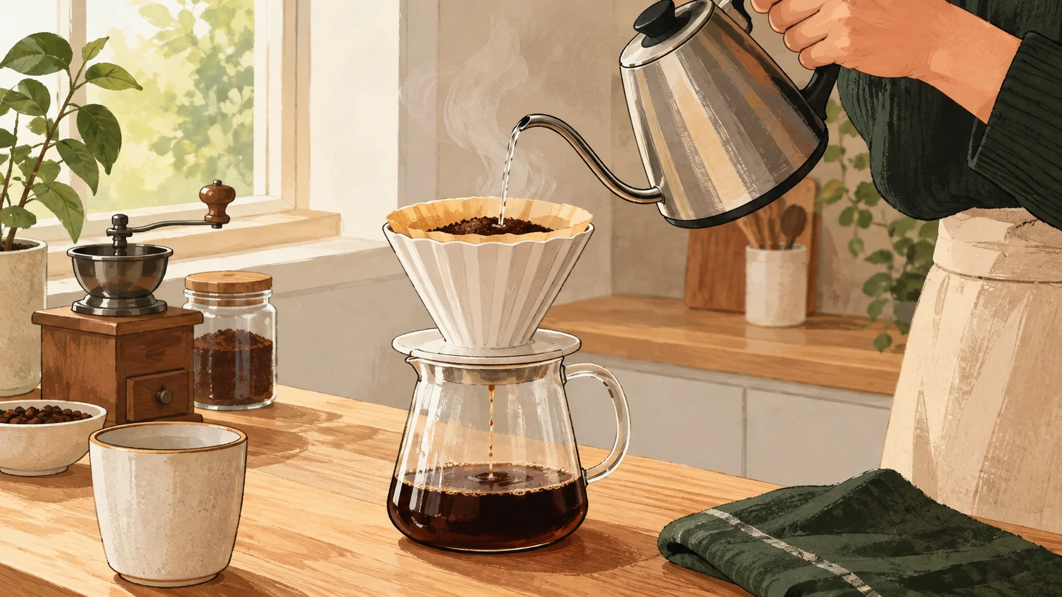 Préparation d’un café filtre, l’eau est versée lentement sur le café moulu.