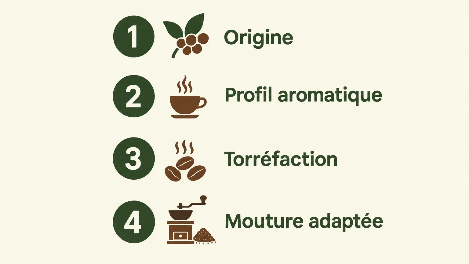 Infographie en quatre étapes : origine, profil aromatique, torréfaction et mouture adaptée.