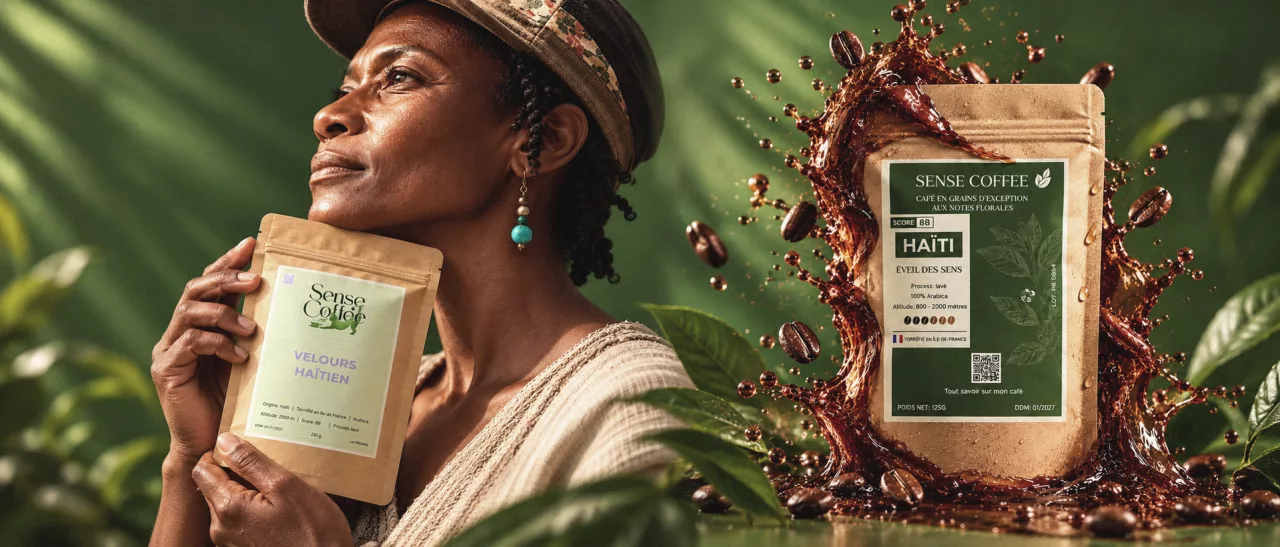 Productrice haïtienne tenant un paquet de café Velours Haïtien Sense Coffee