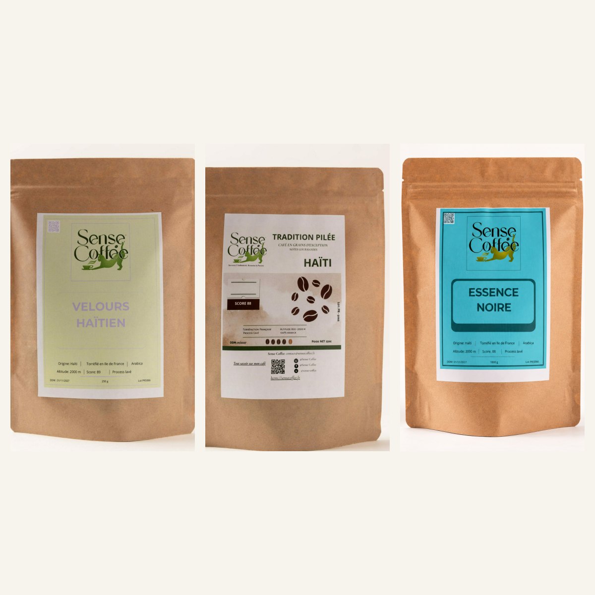 Pack découverte de 3 cafés haïtiens Sense Coffee : Velours Haïtien, Tradition Pilée et Essence Noire