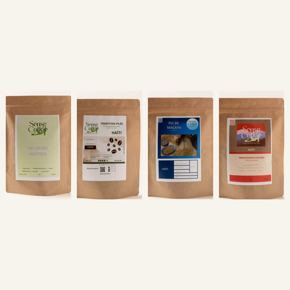 Le tour des 4 gammes : Velours Haïtien, Tradition Pilée, Pic de Macaya et Renaissance Caraïbe en 250 g